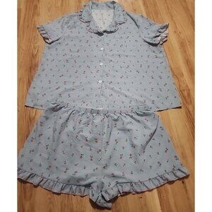 Women 3X Short Sleeve Pajama Set Short Button-Down 2-Piece Loungewear Blue Rose